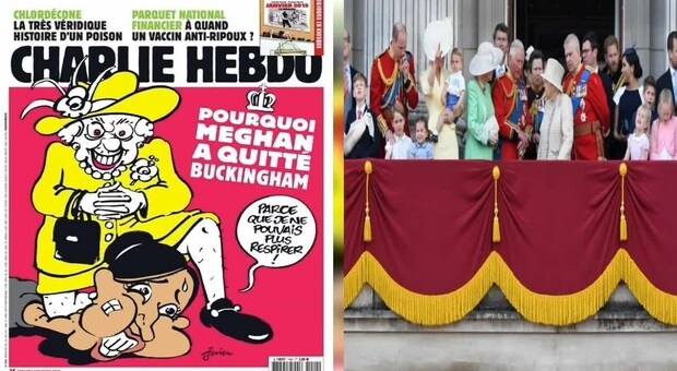 Charlie Hebdo, la copertina choc: Meghan Markle schiacciata dalla Regina come George Floyd. Inglesi furiosi