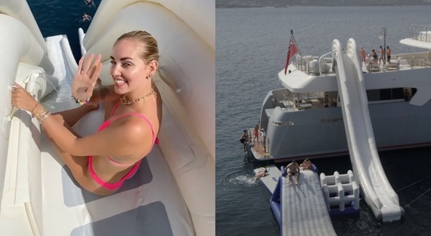 Chiara Ferragni sul mega yacht con campo da basket e super scivolo. Fedez terrorizzato: «È troppo alto»