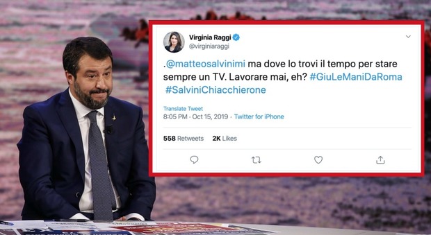 Virginia Raggi attacca Salvini: «Dove lo trovi il tempo per stare sempre in tv. Lavorare mai, eh?»