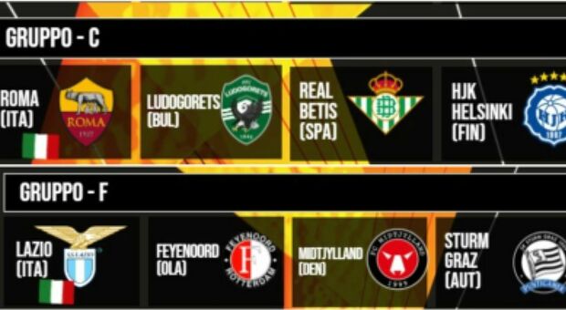 E League Gruppo C: Roma-Ludogorets-Betis-Hjk Helsinki. Gruppo F: Lazio-Feyenoord-Midtjylland-Sturm Graz