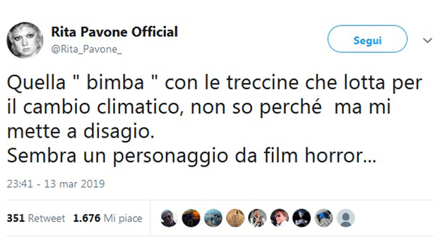Rita Pavone e il tweet contro Greta Thunberg: «Personaggio da film horror». E il web insorge