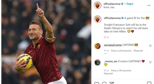 Francesco Totti torna all'Olimpico: sarà in tribuna per Roma-Inter. Era assente da due anni