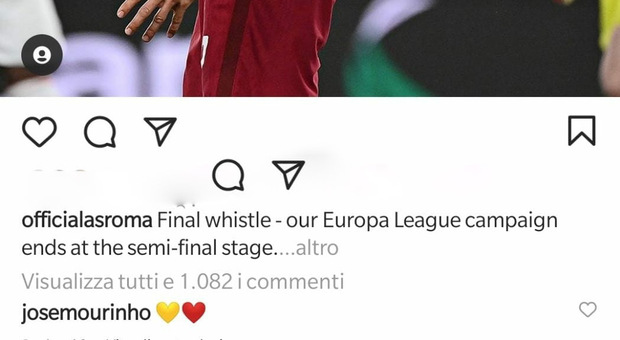 Roma eliminata dall'Europa League. Però Mourinho mette i cuoricini giallorossi al post Instagram