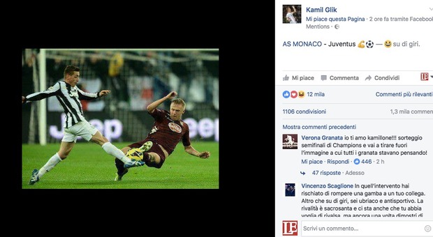 Monaco-Juve, Glik "accende" la sfida: su Fb la foto di un fallo choc su Giaccherini
