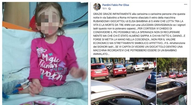 La piccola Elisa è malata di leucemia: i ladri rompono il vetro dell'auto e le rubano i giocattoli