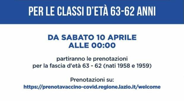 Lazio, vaccini: domani notte via alle prenotazioni per i 62-63enni