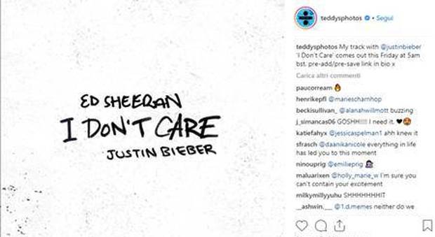 Ed Sheeran annuncia I dont' care, il singolo con Justin Bieber: gli indizi «lanciati» sui social
