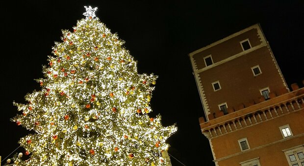Roma, l'accensione dell'albero di Natale di piazza Venezia illuminato dai pannelli solari VIDEO