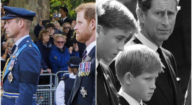 William e Harry riuniti nel lutto dietro il feretro della nonna (come ai funerali di Lady D)