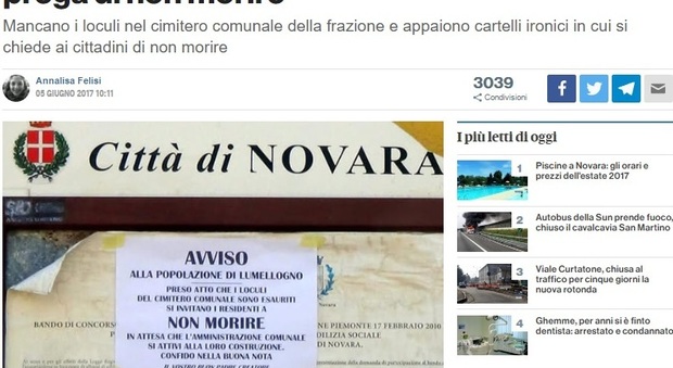 Cimitero pieno a Novara, l'appello ai residenti: "Non morite"