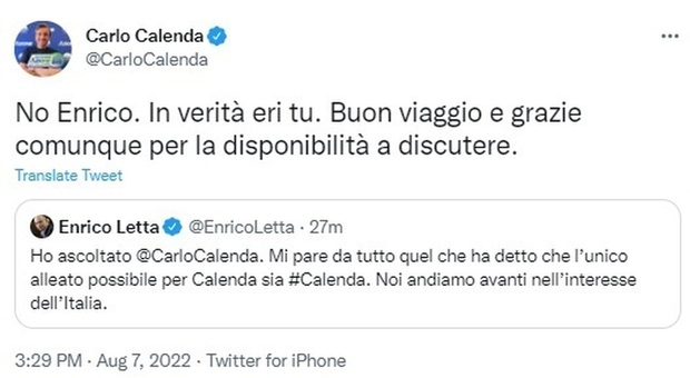 Calenda e Letta, l'addio su Twitter: «Carlo alleato solo con se stesso» e lui taglia corto: «Buon viaggio»