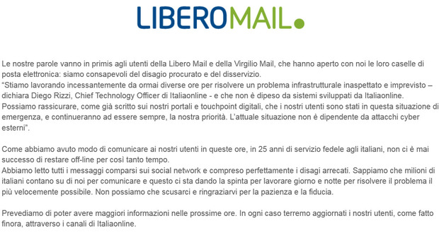 Libero e Virgilio, quarto giorno off-line. Il provider: «Ripristino delle mail in 24/48 ore»