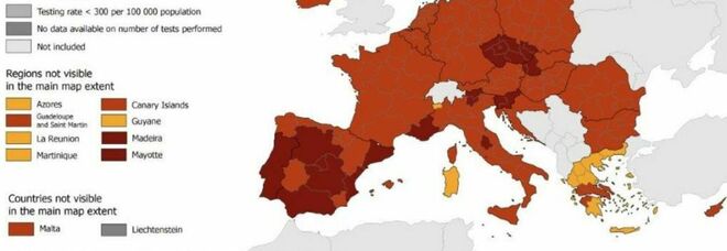 Sardegna zona arancione, rosso scuro Umbria, Trento e Bolzano nella mappa Ue
