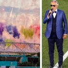 Totti e Bocelli, lo spettacolo a colori dell’Olimpico. Poi gol, proteste e cori dagli spalti