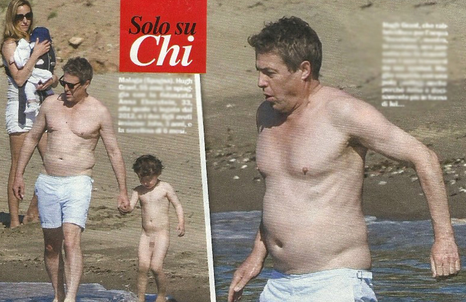 Hugh Grant, da sex symbol a papà: pancetta in vista al mare col figlio.